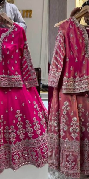 Lehenga in pink and orange with long sleeves